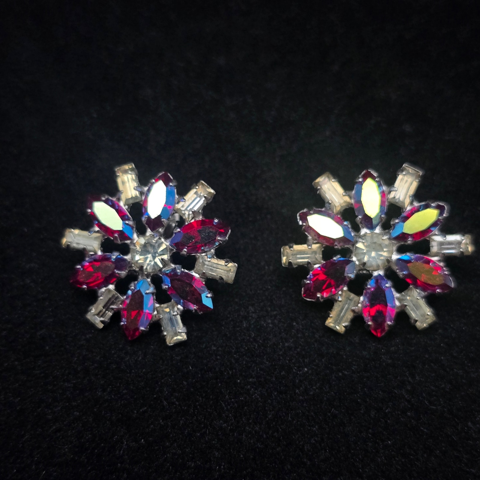 B David Rhinestone Clip On Earrings Red Ab Aurora Borealis Star Flower